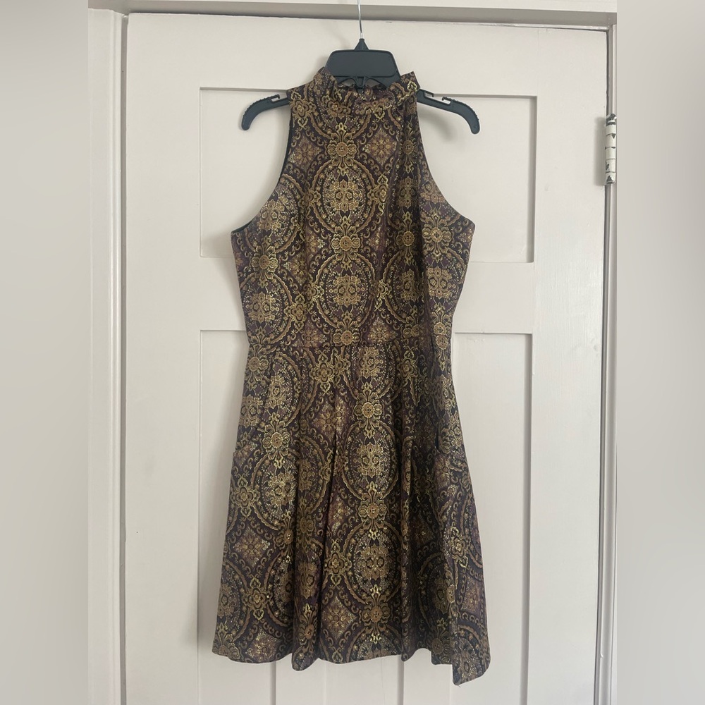 BB Dakota Gold and Purple High neck Jacquard Dress